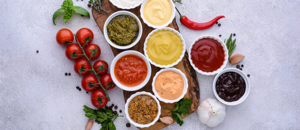 Set of different sauces. Ketchup, mustard and mayonnaise